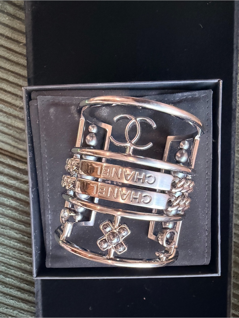 CHANEL Gold-Tone Multi-Row Logo Cuff Bracelet